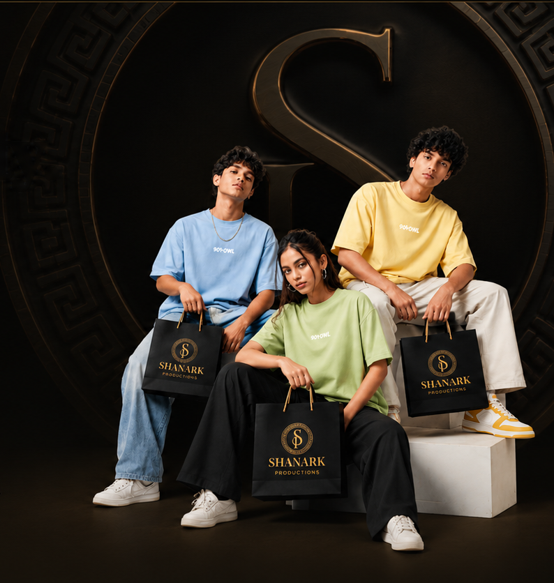 Shanark Productions models wearing premium custom garments with branded bags