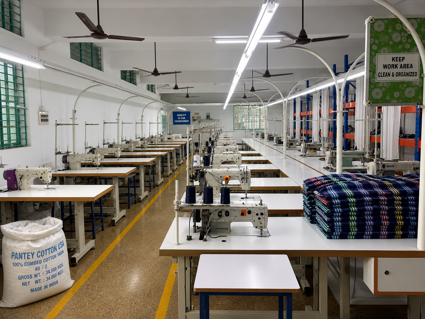 Modern garment manufacturing team working at sewing stations